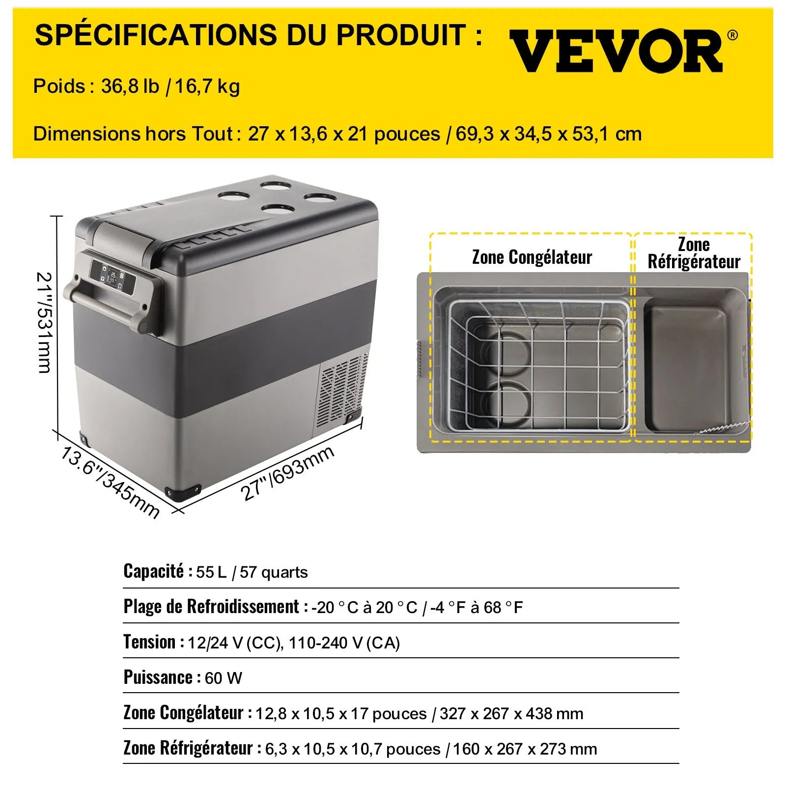 Mini Réfrigérateur Frigo Portable pour Voiture Frigo Voiture 55L